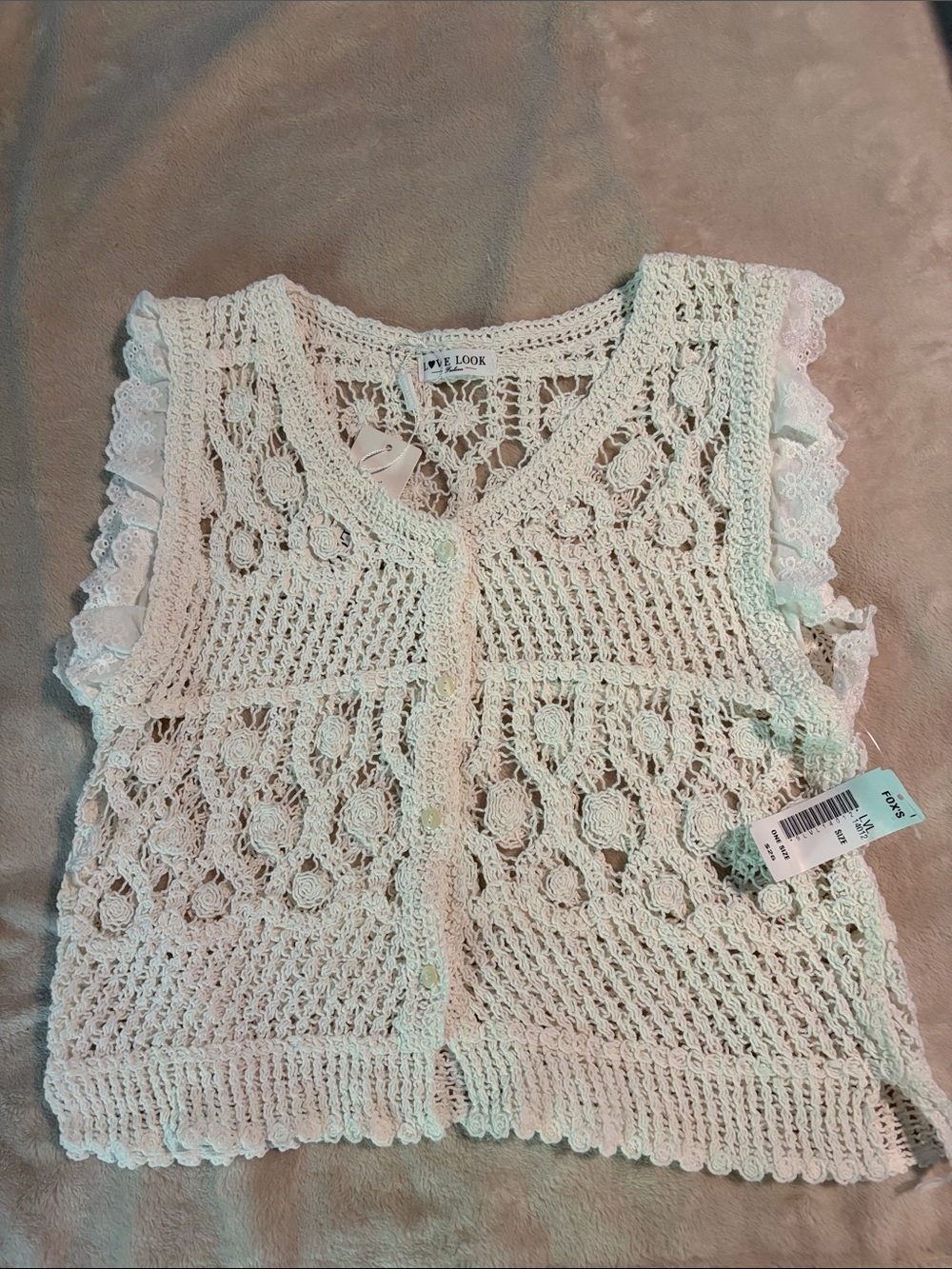 Crochet Button-Front Vest in cream.